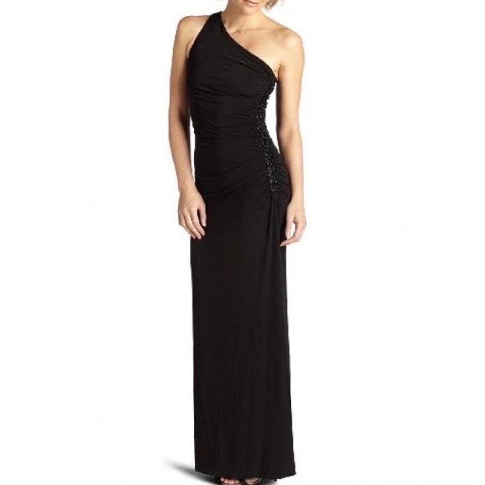 Laundry by Shelli Segal Black One Shoulder Beaded Ruched Gown Petite 2P Dress
